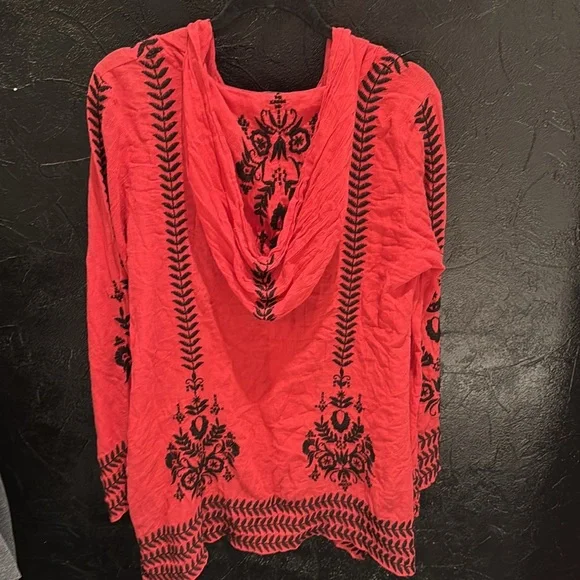 FREE PEOPLE Boho Embroidered Top Tunic or Mini Dress Hooded Swim Cover Up Red - Picture 12 of 15